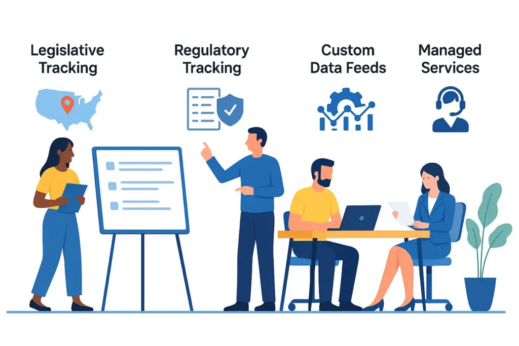 Illustration showing a team collaborating with GovHawk's products for legislative tracking, regulatory tracking, custom data feeds, and managed services.