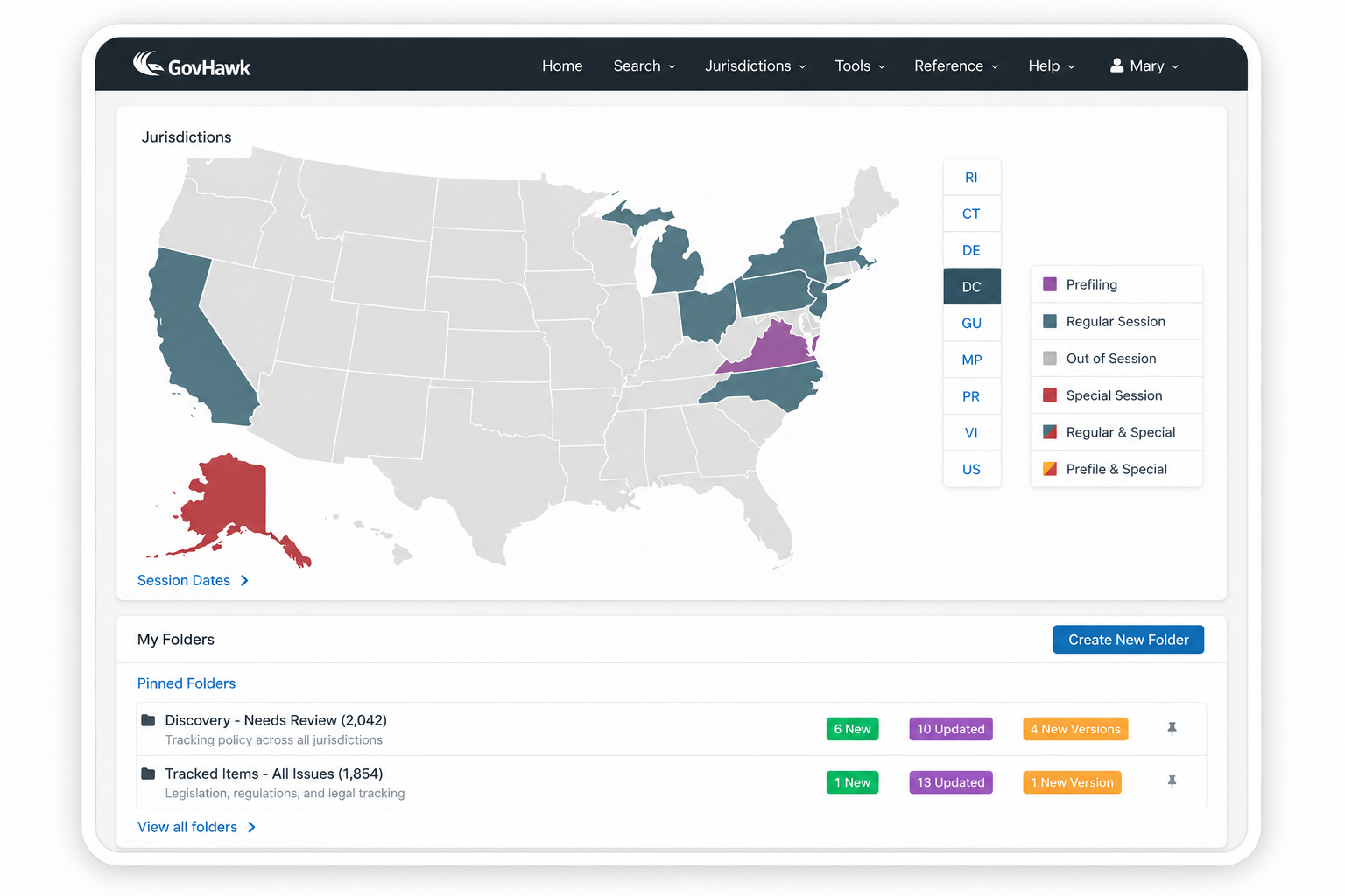 GovHawk dashboard showing jurisdiction coverage and policy tracking folders