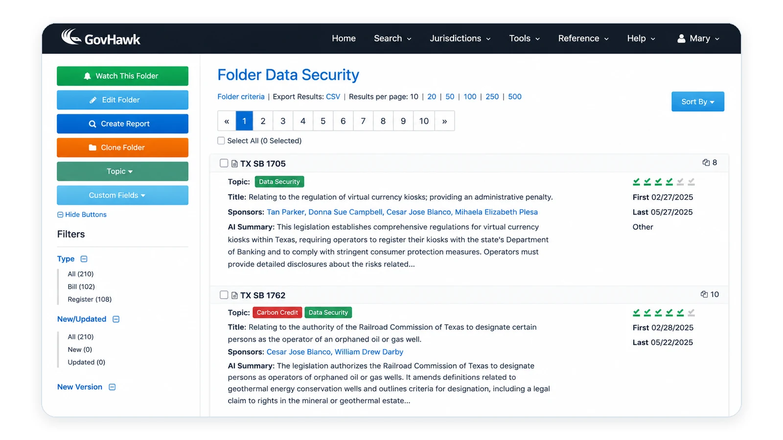 GovHawk folder and search results showing tracked legislative and regulatory activity