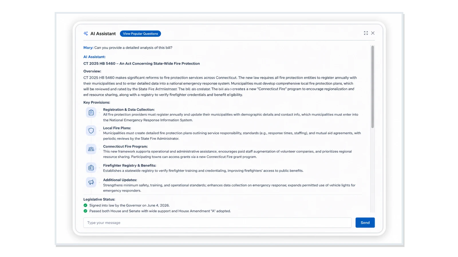 GovHawk AI Assistant providing detailed analysis of legislation